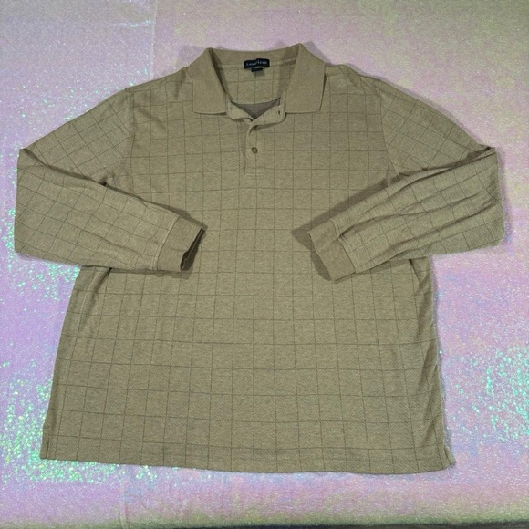 Lands' End Beige Windowpane Grid Long Sleeve Henley Polo Shirt (XL) ★ - Picture 4 of 7